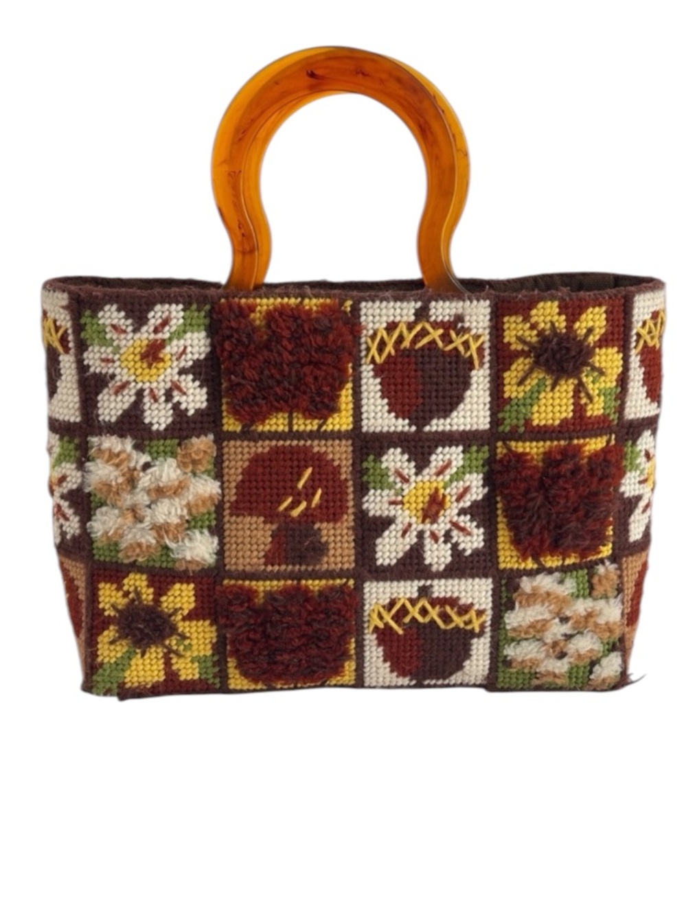 Vintage Grannycore Needlepoint Handbag w Amber Lucite Handles